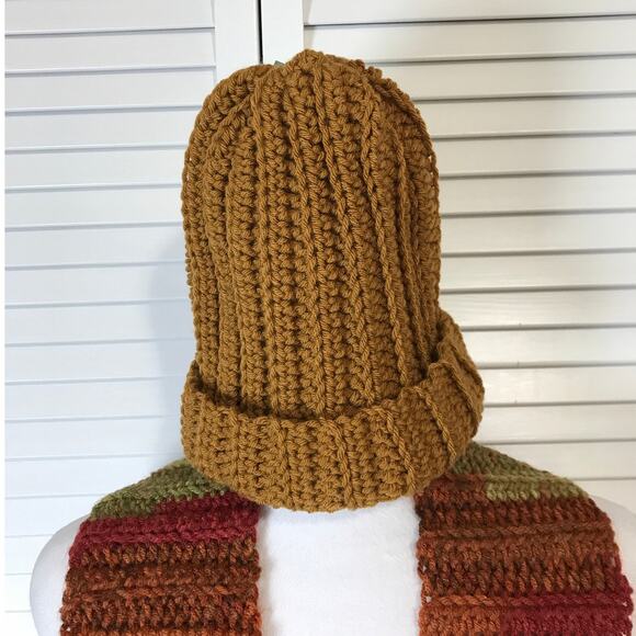 NWT Handmade Crocheted Brown Multicolor Textured Beanie & Scarf 51” - Picture 2 of 4